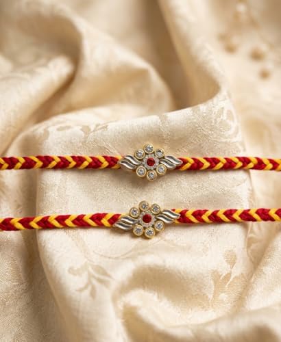 Image of 2 Pcs Traditional Floral Meenakari Rakhi with Roli Chawal, Red and Yellow Braided Thread Crystal Stone Centerpiece Rakshabandhan Rakhi for Brother Elegant Design Rakhis for Bhai