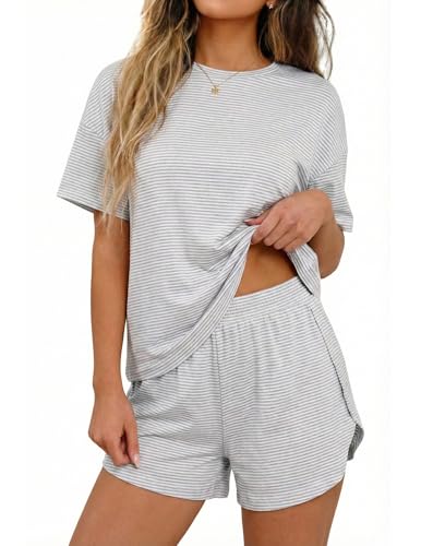 Image of Womens Pajama Sets Shorts 2 Piece Striped Matching Pjs Set Summer Split Soft Comfy Lounge Sleepwear