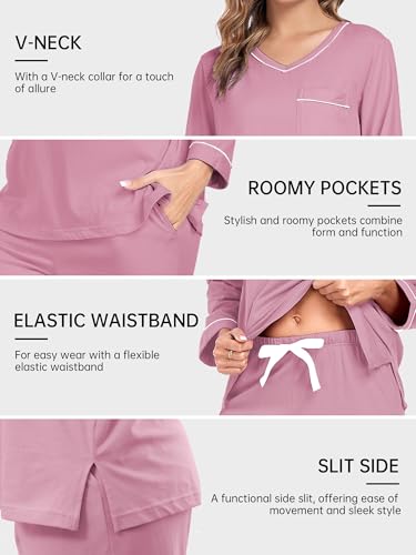 Image of COLORFULLEAF 100% Cotton Pajama Set for Women Long Sleeve Sleepwear with Pants Soft Comfy Two-Piece Pjs with Pockets