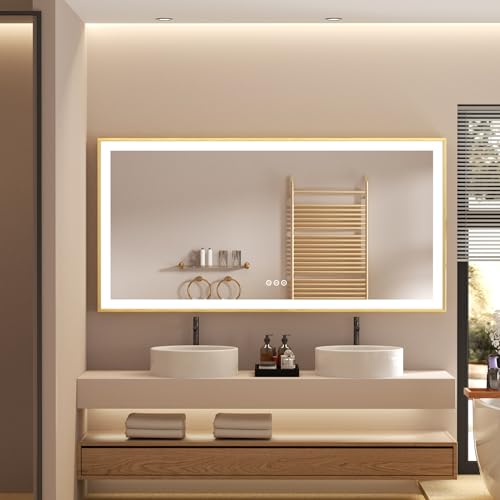 LUVODI Specchio Bagno LED Luce: Cornice Dorata Rettangolare 120x60cm Specchio Smart Led Lungo Oro...