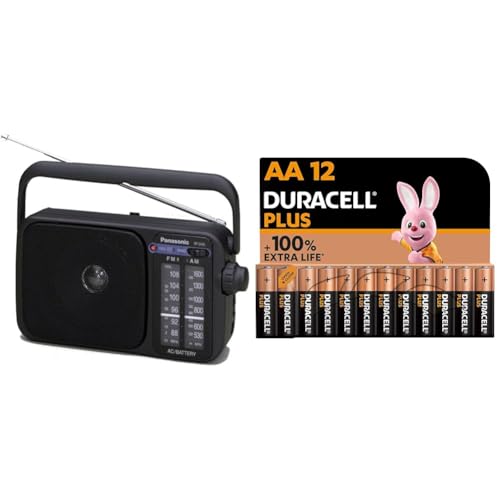 Panasonic RF-2400DEG-K - Radio Portátil FM/Am, (770mW, Iluminación LED, FM/Am & Duracell Plus Pilas AA (Pack de 12) - Alcalinas 1,5 V - hasta 100% de Extra duración - Fiabilidad