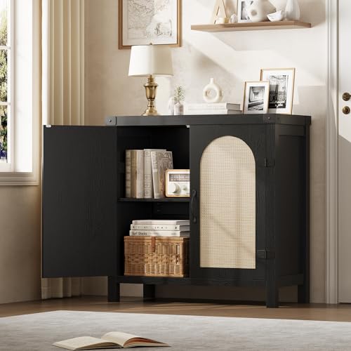 GarveeHome Rattan Sideboard Buffet Cabinets with Storage, Farmhouse Kitchen Accent Storage Cabinet, Boho Wooden Coffee Bar Cabinet for Dining Room, Living Room, Hallway, Black