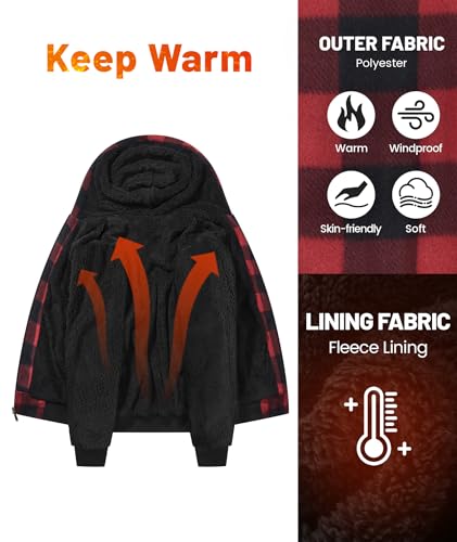 geeksport Fleecejacke Herren Sweatjacke Männer mit Kapuze Warme Kapuzenjacke Gefüttert Winterjacke Kariertes Hoodie mit ReißVerschluss, 0569-Rot L