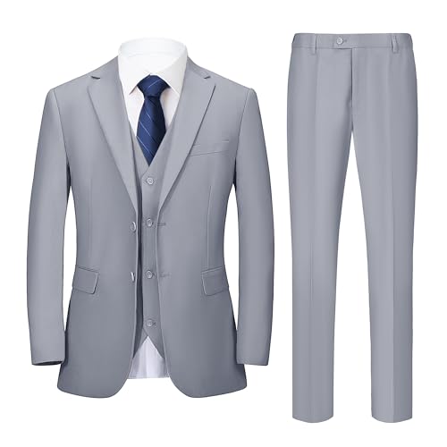 Men's 3 Piece Suit 2 Button Business Wedding Prom Slim Fit Suits Blazer Formal Tuxedo Vest andTrousers Light Grey L