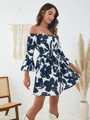 Image of Off Shoulder Ruffle Dress for Women, A-Line Mini Dress with Belt, Fitted Bust Summer Wedding Guest Dress