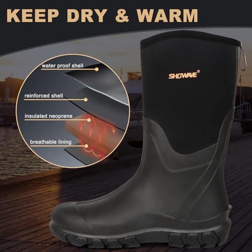 Showave Classic Men's Rubber Boots Waterproof Rain Boots Insulated Neoprene Boot Mud Boot for Farming Hunting Gardening Yard Chore Working2