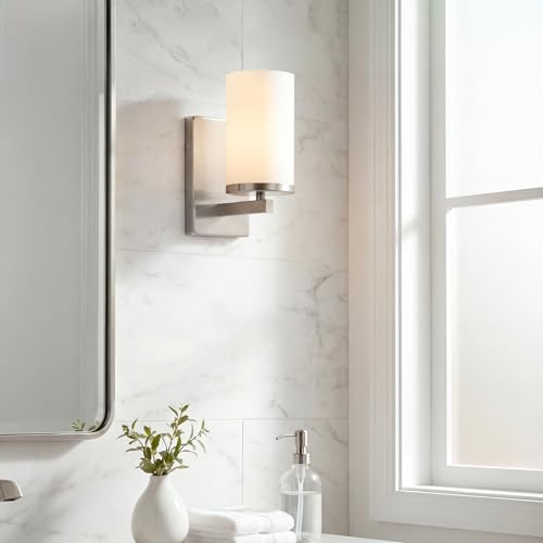 Image of Kichler Crosby 9.25 inch Wall Sconce in Brushed Nickel, 1-Light Contemporary Hallway or Bathroom Light with Satin Etched Cased Opal Glass, (9.25 inch H x 4.5 inch W), 45495NI
