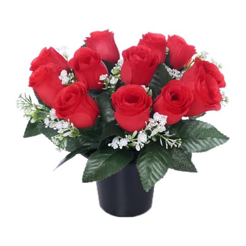 25cm Red Rose Grave Flowers Cemetery Vase Grave Flower Pot Vase Insert Memorial Red Rose & Foliage Artificial Outdoor Flower Arrangement For Graves 12 Red Vibrant Roses Memorial Flower Arrangement Cover