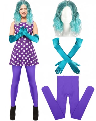 Chuangdi 3 Pcs Halloween Cartoon Movie Costume Set Includes Blue Green Wig Gloves Stocking for Cosplay Dress up Women Adults