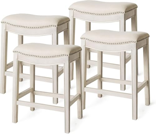 Image of Maven Lane Adrien Backless Counter Stool - Set of 4 - 26 Inches - Saddle Stool with Footrest - Cream Solid Wood Frame & Cream Fabric Upholstery - Perfect for Kitchen Islands & Counters