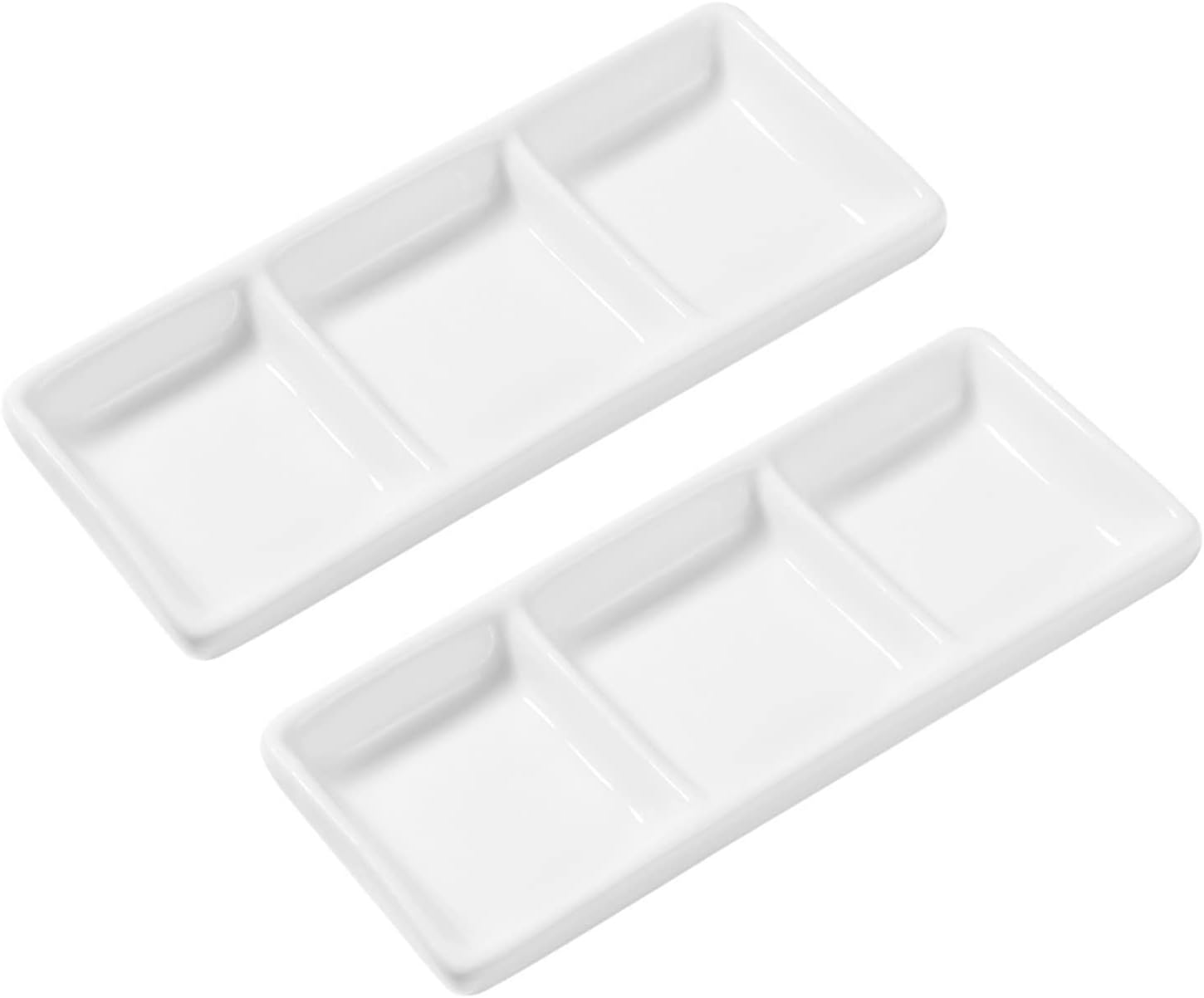Dipping Bowls 6 Inch Ceramic 3-Compartment Appetizer Serving Tray Rectangular Divided Sauce Dishes Vinegar Seasoning Plate Kitchen Tools 2pcs Appetizer Plates (Color : White, Plate Size : 6 Inch