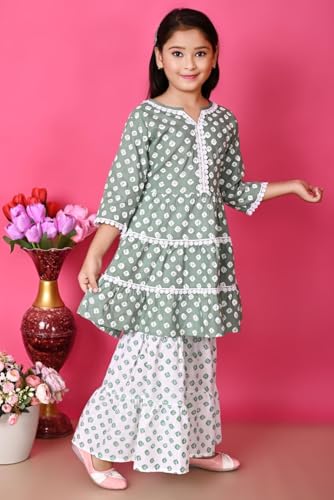 Image of First DREAMGirls Pink Bandhani Printed with Cotton Flower Lace Kurta with Sharara