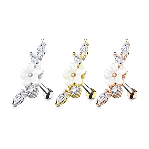 MoBody Clear CZ Jeweled Mother of Pearl Flower Tragus Earring Surgical Steel Cartilage Helix Piercing Stud 16G (Mix)