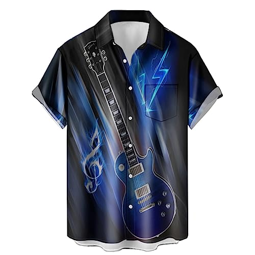 Ecosunny Chemises de musique hawaïennes à manches courtes pour homme avec imprimé bowling, Guitare électrique bleue musicale, XX-Large