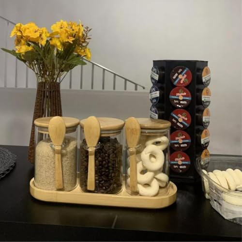 LUMAI Kit 3 Potes de Vidro Porta-mantimentos 550ml com Tampa de Bambu Hermética e Colher Acoplada, F