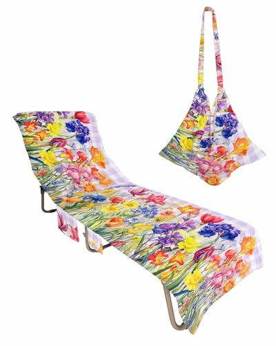 Buffalo Plaid Floral Beach Chair Towel Covers for Chaise Lounge with Side Pocket, Soft Plush Pool Towels Cover for Patio Sunbathing Outdoor Colorful Flowers Blossom Leaves 29''x85''
