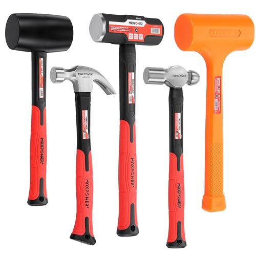 Image of MAXPOWER 5-Piece Hammer Set, Fiberglass Handle for Woodworking & Assembly | 4LB Dead Blow Hammer, 16oz Ball Peen & Rubber Mallet, 8oz Claw Hammer included