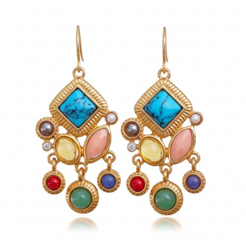 Pendientes colgantes bohemios de piedra multicolor para mujer, tono dorado con turquesa, rosa coral, amarillo, rojo, verde, morado, estilo candelabro, 5,5 cm x 2,5 cm, Grande, Zinc, Sin piedra