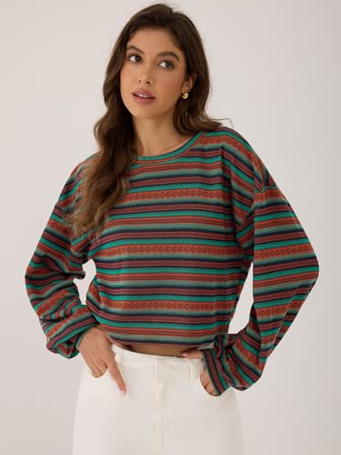 ZAFUL Women's Tribal Ethnic Graphic Cropped Knitwear Bohemian Long Sleeve Pullover Sweater Boho Drop Shoulder Knitted Top4