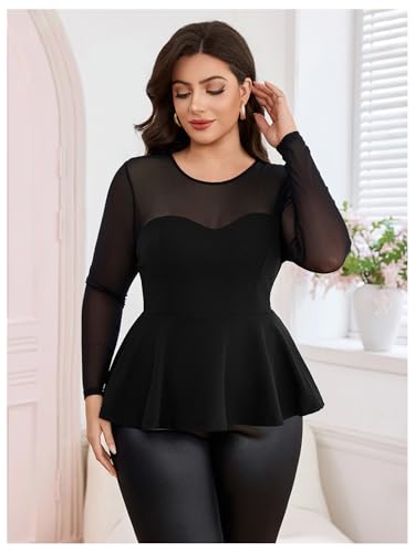 MakeMeChic Women's Plus Size Tops Mesh Sheer Peplum Ruffle Hem Leopard Long Sleeve Slim Fitted Elegant Tee Shirt Fall Fashion4