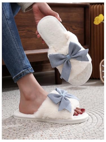 OYOANGLE Women's Cute Bow Decor Fuzzy Open Toe Indoor Home Slippers Fashionable Warm Comfy Furry Outdoor Slippers2