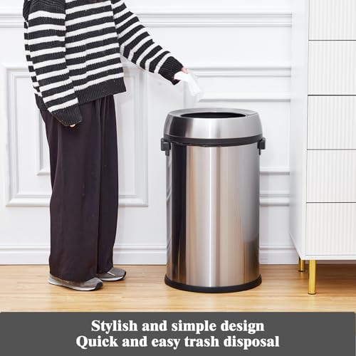 Image of 17 Gallon /65 Liter Round Open Top Trash Can, Commercial Grade Heavy Gauge Trash Bin, Stainless Steel Garbage Can, Perfect for Kitchen, Office, School, Restaurant, Silver