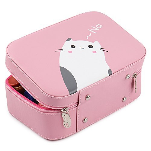 Women Professional Makeup Train Case Cat Pattern Mirror Cosmetic Storage Organizer Travel Bag (pink-new)