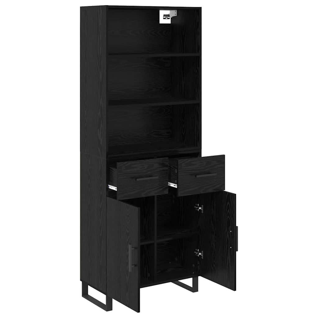 Meuble haut noir aspect chêne 69,5 x 34 x 180 cm avec 2 portes, 4 étagères et 2 tiroirs, buffet moderne pour salon, salle à manger, bureau avec beaucoup d'espace de rangement et