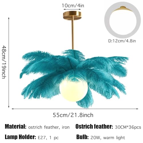 Lámpara de techo de plumas de avestruz azul con base dorada 6