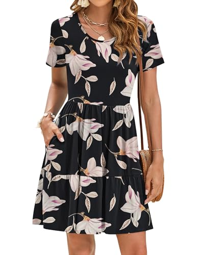 AUSELILY Sommerkleid Damen Elegant Rüschensaum Strandkleider Kurze Ärmel Freizeitkleid mit Taschen Morgenlatte 2XL