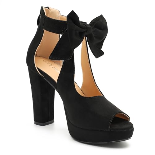 Image of fereshte Women's Bow Chunky Heel Sandals, Platform High Heel, Peep Toe, 3.94 Inch Block Heel