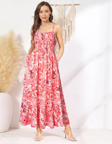 Image of GRACE KARIN Summer Dresses for Women 2026 Vacation,Smocked Floral Maxi Dresses,Boho Beach Long Sundress Pink Orange M