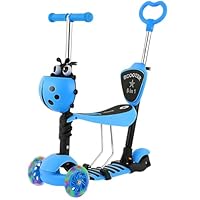 Trendi® 5-in-1 Kids Scooter for Ages 2-6 – Toddler Kick Scooter with LED Light-Up Wheels | 3-Wheels with Adjustable Handlebar, Removable Seat & Push Handle for Boys & Girls (Blue)