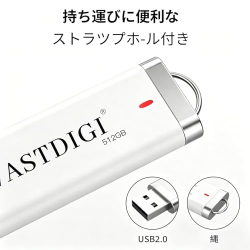 【2026新登場】512GB USBメモリ ハイスピードデータ転送 最大読み取り速度 24MB/秒 キャップ/ストラップホール付き/LEDインジケータ付き 小型 軽量 容量不足解消 環境に優しいABSシェル 白