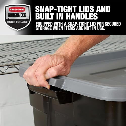 Image of Rubbermaid Roughneck Tote 31 Gallon Stackable Storage Container with Stay Tight Lid & Easy Carry Handles, Black /Cool Gray (3 Pack)