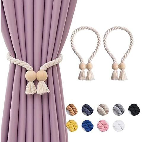 Pretty Jolly 2 Pack Wooden Ball Magnetic Curtain Tiebacks Boho Home Decor Drape Tie Backs Natural Cotton Hand Woven Rope Curtain Holdbacks for Thin & Thick Home & Office Window Draperies (Beige) Cover