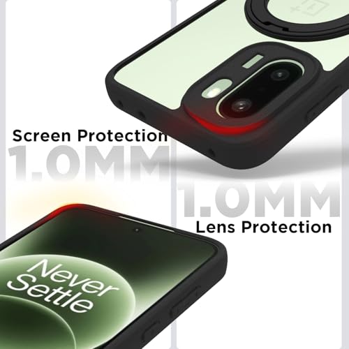 Image of RIGGEAR Shockproof Sleek Hybrid Armor 360 Rotating Magnetic Ring Stand Back Cover Case Compatible with MagSafe Accessories for OnePlus 15R 5G (Clear PC + Black TPU Bumper)