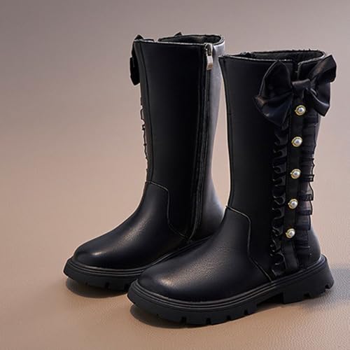 IWIHMIV Girls Riding Boots Toddler Leather Boots Mid Calf Boots Girl's Bowknot Side Zipper Tall Winter Boots Toddler Girl Booties2