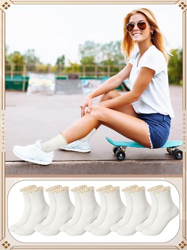 Image of Syhood 6 Pairs Women Ruffle Socks Frilly Lace Trim Cotton Cute Vintage Dress Crew Ankle Boot Socks
