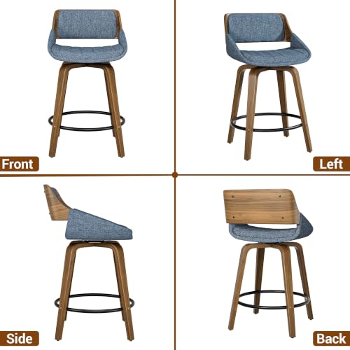 Image of YaFiti Bar Stools Set of 6, 26 inch Swivel Counter Height Barstools with Bentwood Back and Legs, Mid Century Modern Upholstered Fabric Counter Stools for Kitchen Island, Dining Room, Blue