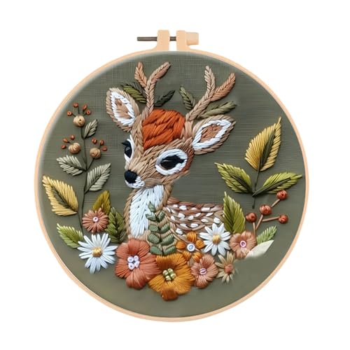 Image of Huacan Embroidery Kits for Adults Beginner DIY Cross Stitch Stamped Christmas Pattern Stitching Deer Sewing Kit 1 Piece 7.8 x 7.8 Inch