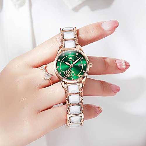 OLEVS Women's Wristwatch, Fashionable, Easy to Read Made-in-Japan Movement, Date, Luminous, Waterproof, Valentine's Day Gift, green
