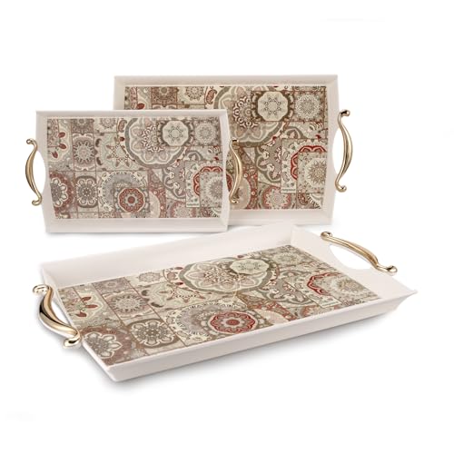 Image of Nayasa Regency Plastic Rectangular Serving Tray Set of 3 (Small, Medium, Big) | Kitchen Tray for Serving Tea, Coffee, Snacks | Multi Purpose Serveware | Beige