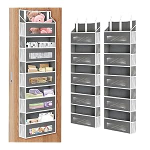 2 Packs 5-Tier Over the Door Storage Organizer with 10 Side Mesh Pockets, 48 lbs Load Capacity, 3 Hooks Design, Hanging Organizer with Clear Windows for Bathroom, Bedroom, Nursery, Kitchen-Grey