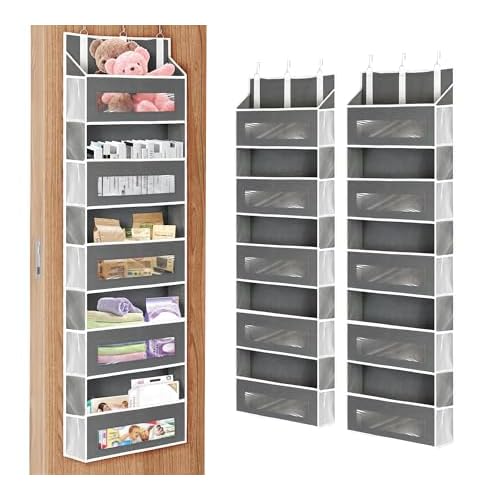 2 Packs 5-Tier Over The Door Organizer with 10 Side Mesh Pockets, 48 lbs Load Capacity, 3 Hooks Design, Hanging Organizer with Clear Windows for Bathroom, Bedroom, Nursery, Kitchen-Grey