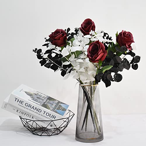 Wistart 4 Pack Artificial Eucalyptus Flowers Stems Faux Long Stem Silver Dollar Leaves Fake Plants Flower Bouquet For Wedding Garland Christmas Party Home Craft Decor(White And Black) #TOP1