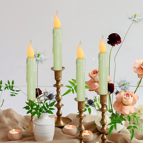 Image of Real Wax LED Flameless Short Taper Candles with Remote, 6.7 Inches Green Candlesticks, Dripless Battery Operated Flame Rustic Primitive Flameless Spring Candles for Home, Pack of 2