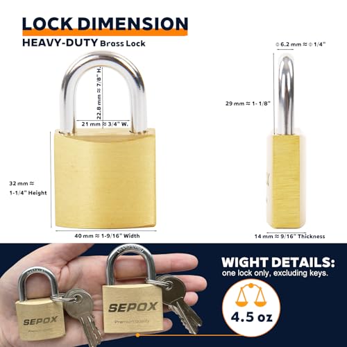 Image of SEPOX 40mm Solid Brass Padlock Keyed Alike 4 Pcs, Chamfered Edges, 3 Locks