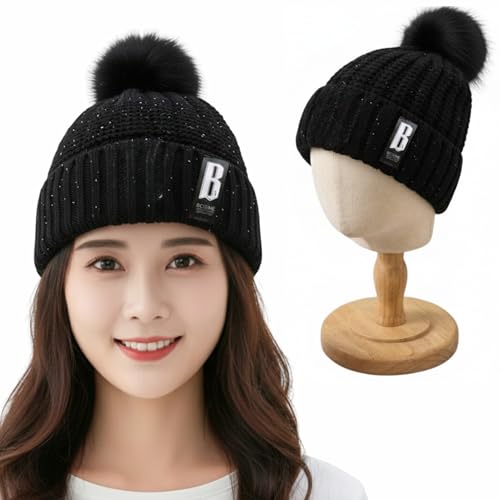 Image of Kraptick Women's Winter Cap - Knit Beanie with Soft Fleece Lining Hat, Stylish Pom Pom Thick Woollen Skull Cap, Warm Hat for Ladies & Girls -3