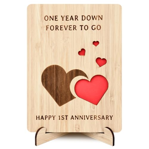 Cartão de primeiro aniversário para namorado e namorada, cartão de primeiro aniversário de casamento para esposa, marido, cartão de aniversário de 1 ano, cartão de madeira feito à mão, presente para